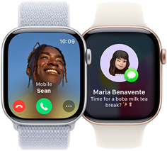 An incoming call on an Apple Watch Series 10 and an incoming text on another Apple Watch Series 10.