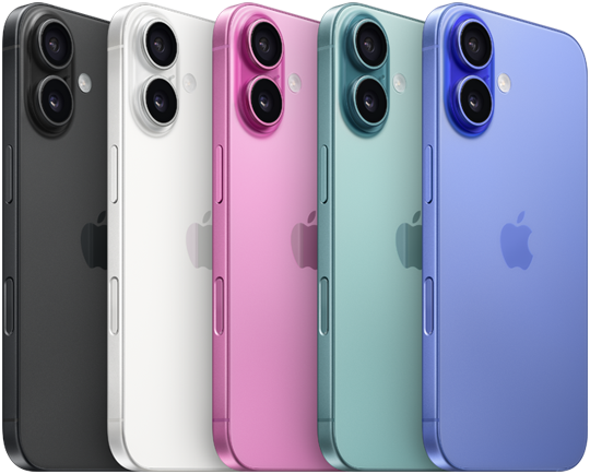 iPhone 16, back exterior, raised Advanced dual-camera system, Apple logo in center, all five finishes, Black, White, Pink, Teal, Ultramarine