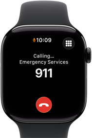 Apple Watch Series 11, aluminum jet black case, emergency call to 911 on screen, right side exterior: Digital Crown, black Sport Band