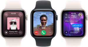 Three Apple Watch SE 3 devices next to each other, one showing the Apple Music app, one showing an incoming phone call, and one showing an iMessage exchange