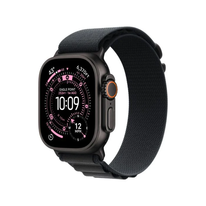Black smartwatch with a fabric strap and orange-accented crown, display shows 10:09 on a detailed digital watch face.