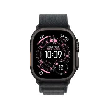 Smartwatch with a black case and blue-gray strap, showing a pink circular watch face and 10:09 time.