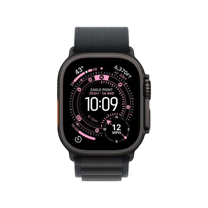 Smartwatch with a black case and blue-gray strap, showing a pink circular watch face and 10:09 time.