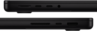 Showing the ports on MacBook Pro — left side: MagSafe 3, two Thunderbolt ports, and headphone jack — right side: SDXC card slot, one Thunderbolt port, and HDMI