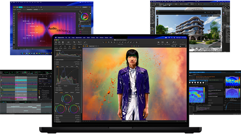 A variety of colorful screen content from music production, graphic design, 3D animation, and photo editing apps on Mac, demonstrating powerful graphics performance