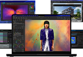 A variety of colorful screen content from music production, graphic design, 3D animation, and photo editing apps on Mac, demonstrating powerful graphics performance