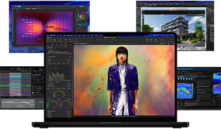 A variety of colorful screen content from music production, graphic design, 3D animation, and photo editing apps on Mac, demonstrating powerful graphics performance