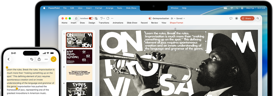 iPhone 16 Plus with text highlighted in the Notes app, MacBook Air with a Keynote slide open, text from Notes app is visible on the slide