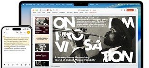 iPhone 16 Plus with text highlighted in the Notes app, MacBook Air with a Keynote slide open, text from Notes app is visible on the slide
