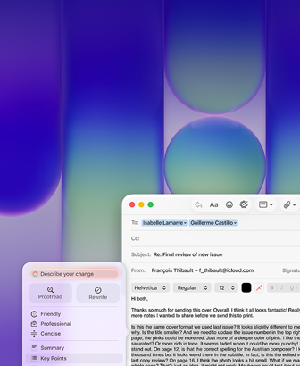 MacBook Neo screen, using Apple Intelligence Writing Tools in Mail to revise a long paragraph in an email containing feedback on a publication