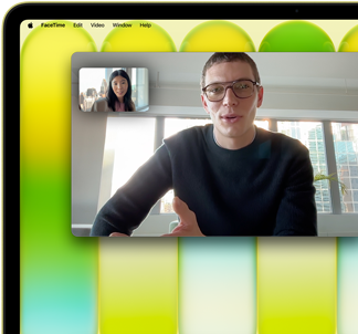 MacBook Neo, citrus color, video call onscreen, Center Stage feature keeps user centered in the frame