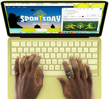 MacBook Neo, citrus colour, hands on keyboard, user is composing an email invitation to the opening of a sports event, website for the event open alongside