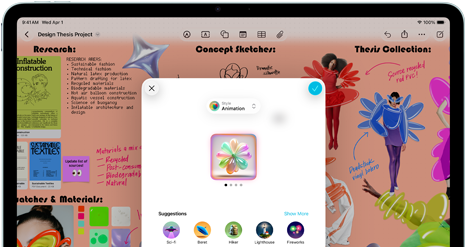 iPad Air, front exterior, landscape orientation, volume-up button, volume-down button, power button, screen displays a colorful app interface with various icons