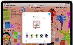 iPad Air, front exterior, landscape orientation, volume-up button, volume-down button, power button, screen displays a colorful app interface with various icons