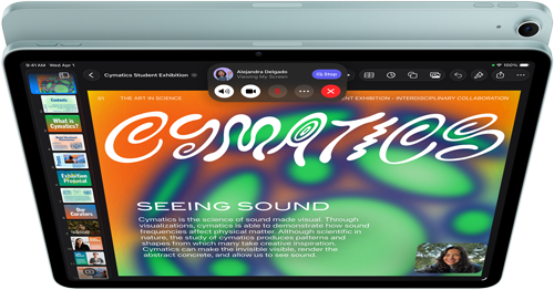 iPad Air, Blue color, top exterior, screen showing Keynote app on screen sharing feature during FaceTime video call, back exterior, 12MP Wide back camera, volume-up button, volume-down button