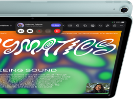 iPad Air, Blue color, top exterior, screen showing Keynote app on screen sharing feature during FaceTime video call, back exterior, 12MP Wide back camera, volume-up button, volume-down button