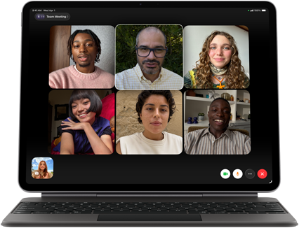 iPad Air, attached to Magic Keyboard, Black color, Group FaceTime call on screen