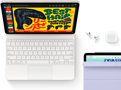 iPad Air, Starlight color, colorful graphics on screen, attached to Magic Keyboard, Airpods Pro and Apple Pencil Pro accessories