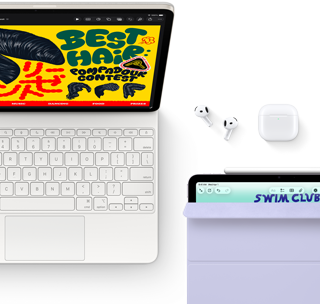 iPad Air, Starlight color, colorful graphics on screen, attached to Magic Keyboard, Airpods Pro and Apple Pencil Pro accessories