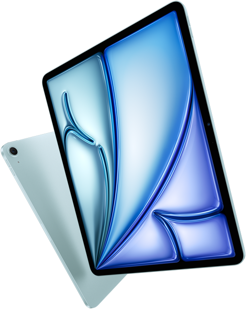 Front angle of 13-inch iPad Air, colorful display on screen, 11-inch iPad Air with back exterior and 12MP Wide back camera