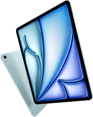 Front angle of 13-inch iPad Air, colorful display on screen, 11-inch iPad Air with back exterior and 12MP Wide back camera