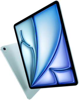 Front angle of 13-inch iPad Air, colorful display on screen, 11-inch iPad Air with back exterior and 12MP Wide back camera