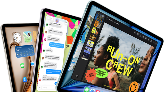 Three iPad Air displays in fan-like arrangement, colors: Blue, Purple, Starlight, front exterior, side exterior, apps on screen display include Keynote app, Messages, and Home Screen