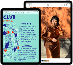 Two iPad Air, sizes: 11-inch and 13-inch, 11-inch shows colorful text on the Notes app, 13-inch screen shows a photo of a person on the Photos app
