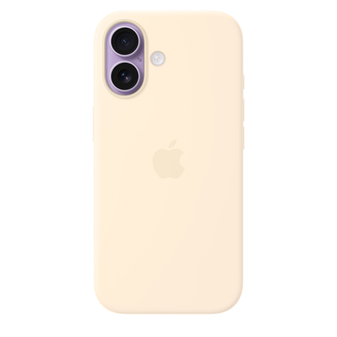 Beige iPhone back view showing a purple dual-camera module and subtle Apple logo.