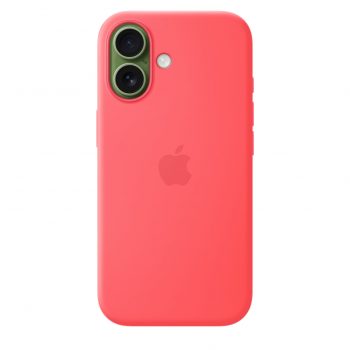 Coral pink back of a smartphone showing dual-camera lenses with a green ring and Apple logo visible