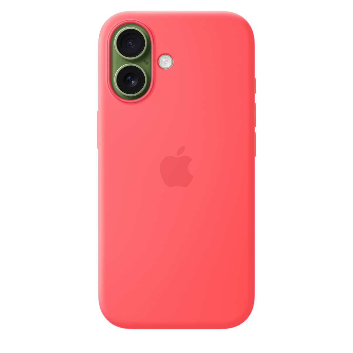 Coral pink back of a smartphone showing dual-camera lenses with a green ring and Apple logo visible