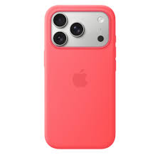 Back of a coral/pink iPhone in a protective case, showing the triple-camera module and Apple logo.