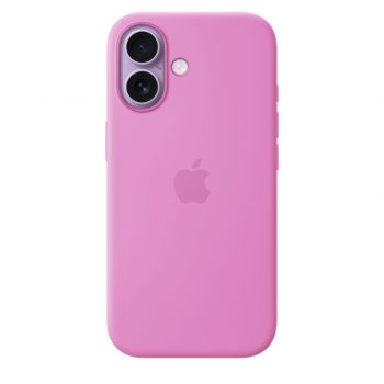 Pink iPhone back view with dual camera module and Apple logo centered on the pink rear panel