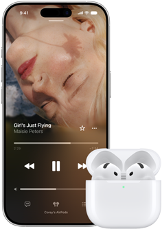 AirPods Pro 3 in MagSafe Charging Case, iPhone 17 Pro, Apple Music plays Everybody Laughs by David Byrne and Ghost Train Orchestra