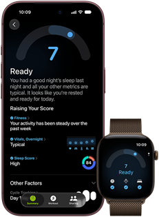 iPhone 18 Pro, black, front exterior, displaying the results of the Readiness status (score of 7), paired with Apple Watch, front facing, brown, displaying the same Readiness score of 7