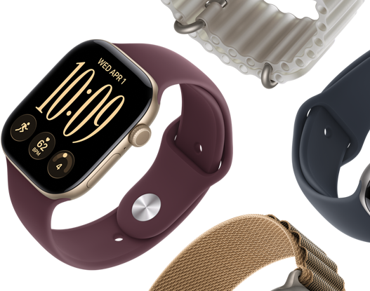 Apple Watch Series 11 bands: purple fog Sport Band, anchor blue Ocean band, light blue Alpine Loop