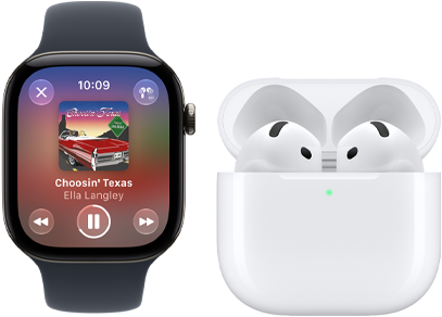 Apple Watch Series 12, aluminum case, black color, black Sport Band, Apple Music app open, paired with AirPods 4