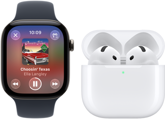 Apple Watch Series 12, aluminum case, black color, black Sport Band, Apple Music app open, paired with AirPods 4