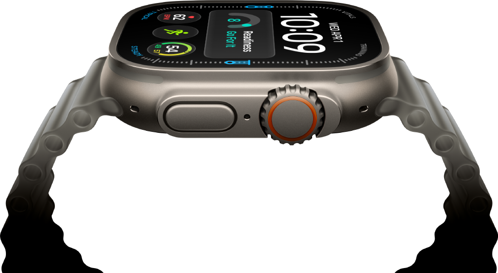 Apple Watch Ultra 4, titanium case, natural color, digital clock face, complications: readiness, heart rate, Workouts, temperature, right side exterior, Digital Crown, raised side button, Ocean Band, translucent gray color