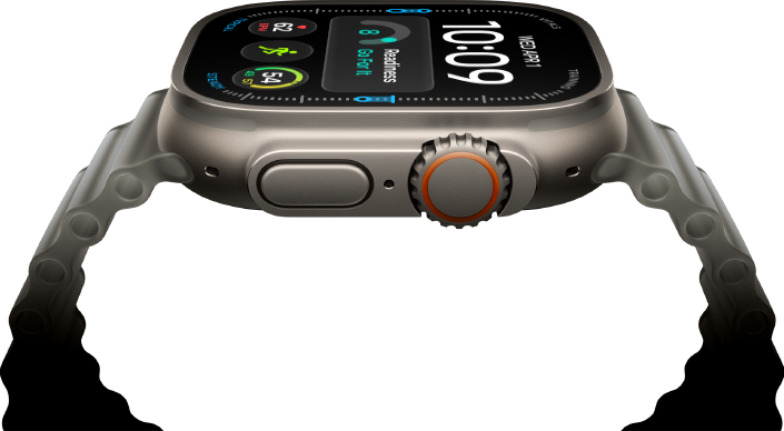 Apple Watch Ultra 4, titanium case, natural color, digital clock face, complications: readiness, heart rate, Workouts, temperature, right side exterior, Digital Crown, raised side button, Ocean Band, translucent gray color