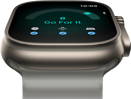 Apple Watch Ultra 4, titanium case, natural color, readiness score of 8, right side exterior, Digital Crown, raised side button, Ocean Band, translucent gray color