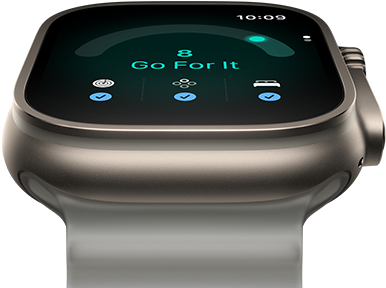 Apple Watch Ultra 4, titanium case, natural color, readiness score of 8, right side exterior, Digital Crown, raised side button, Ocean Band, translucent gray color