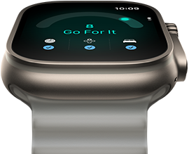 Apple Watch Ultra 4, titanium case, natural color, readiness score of 8, right side exterior, Digital Crown, raised side button, Ocean Band, translucent gray color