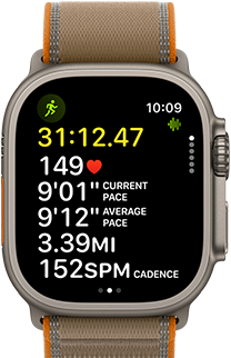 Apple Watch Ultra 4, titanium case, natural color, advanced Outdoor Run workout metrics, right side exterior, Digital Crown, raised side button, Trail Loop band, sand color