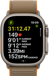 Apple Watch Ultra 4, titanium case, natural color, advanced Outdoor Run workout metrics, right side exterior, Digital Crown, raised side button, Trail Loop band, sand color