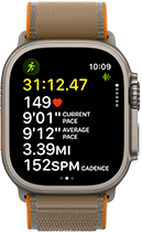 Apple Watch Ultra 4, titanium case, natural color, advanced Outdoor Run workout metrics, right side exterior, Digital Crown, raised side button, Trail Loop band, sand color