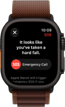 Apple Watch Ultra 4, titanium case, black color, satellite connection, right side exterior, Digital Crown, raised side button, Alpine Loop band, burgundy color
