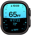 Apple Watch Ultra 4, titanium case, black color, Depth app showing diving metrics, right side exterior, Digital Crown, raised side button