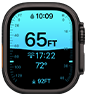 Apple Watch Ultra 4, titanium case, black color, Depth app showing diving metrics, right side exterior, Digital Crown, raised side button