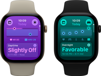 Two Apple Watch Series 12 devices: aluminum case, light gold color, Daytime Vitals Slightly Off, Digital Crown, sand Sport Band, aluminum case, black color, Overnight Vitals Favorable, Digital Crown, black Sport Band